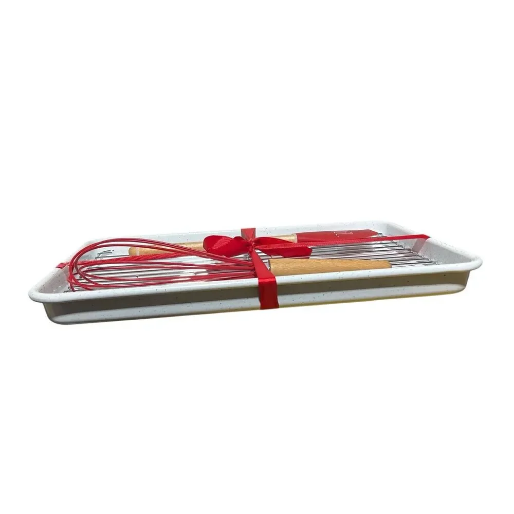 Rae Dunn 4-PC NOEL Baking Set Christmas Gift Spatula Baking Pan Whisk Recipe Red